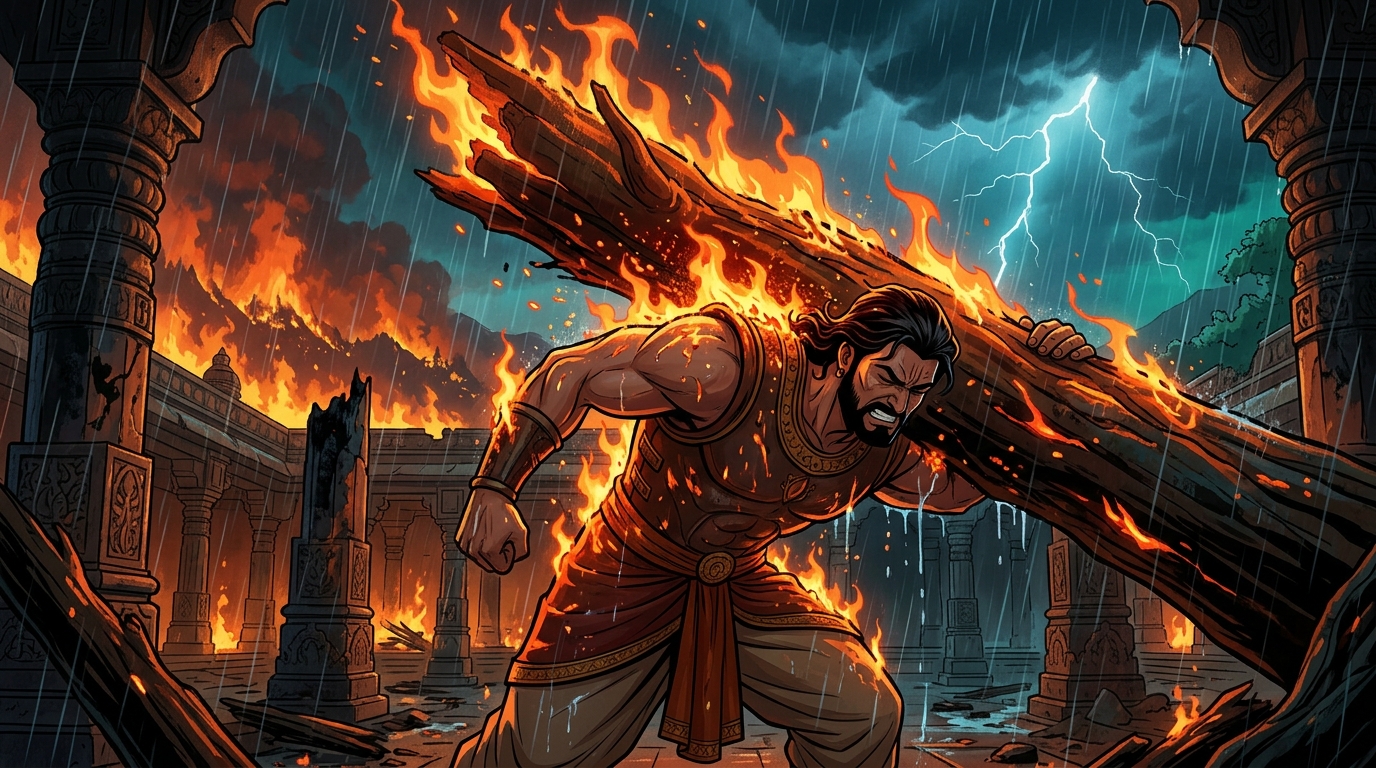 A massive burning banyan branch crashes down; Vikramaditya takes the blow on his own back