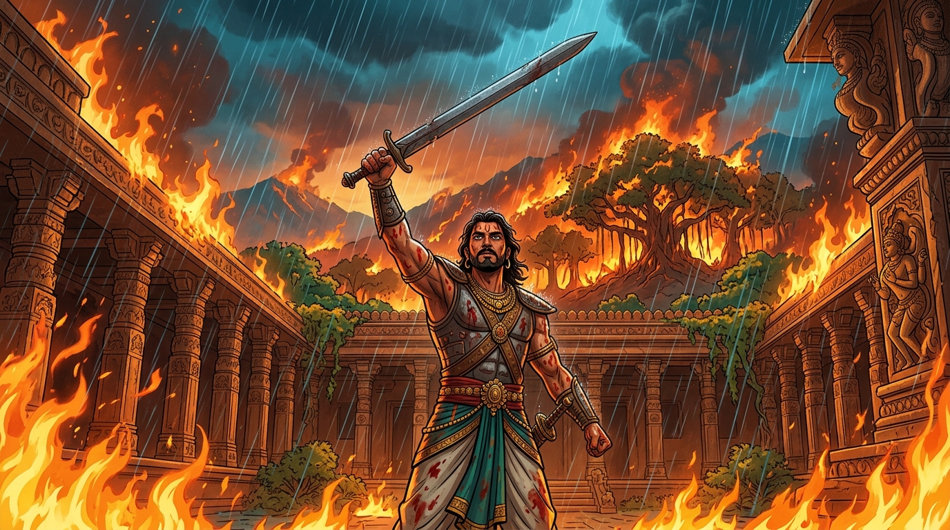 Bleeding and blistered, Vikramaditya raises his steel sword, entering deep Vedic Samadhi