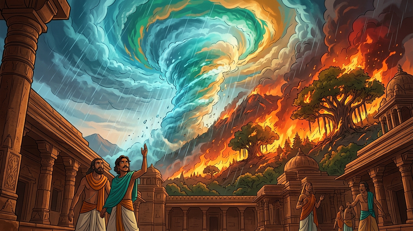 A colossal vortex of celestial rain clouds erupts, summoning the mighty Varunastra storm