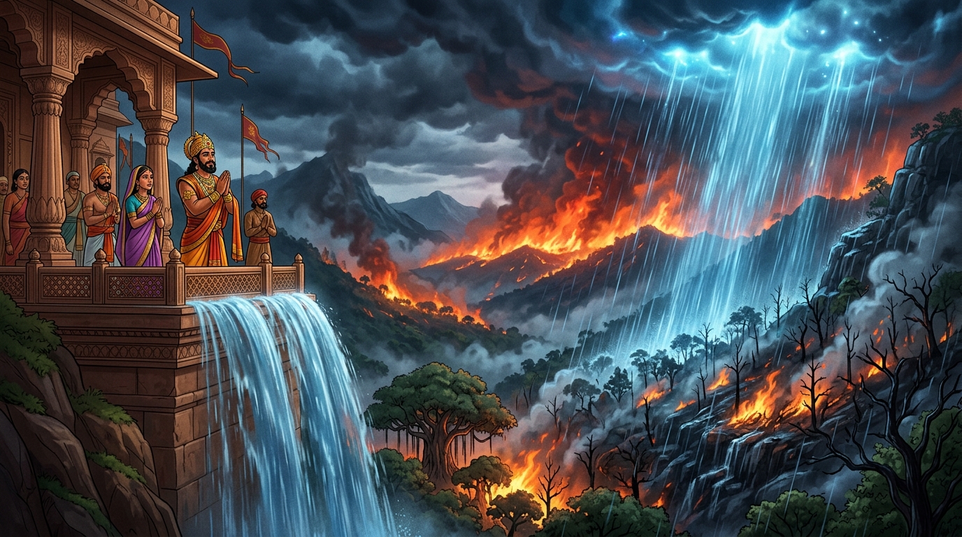 Torrential cooling divine rain pours across the mountain forest, dousing fire in minutes