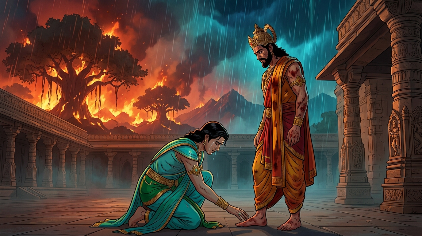 The celestial prince weeps, touching Vikramaditya's feet: 'A King gave his flesh to shield a bird!'