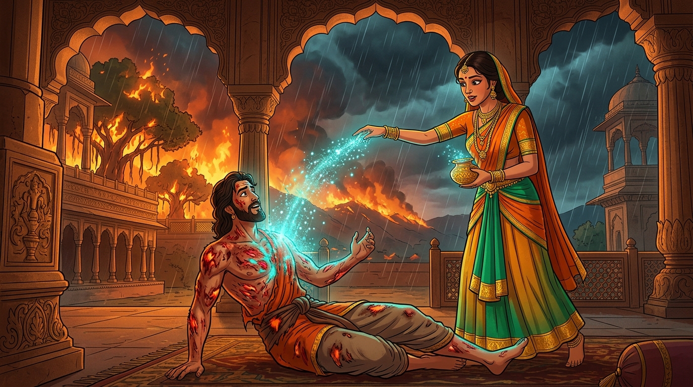 Chitrangada sprinkles celestial nectar over Vikramaditya, instantly healing his burns