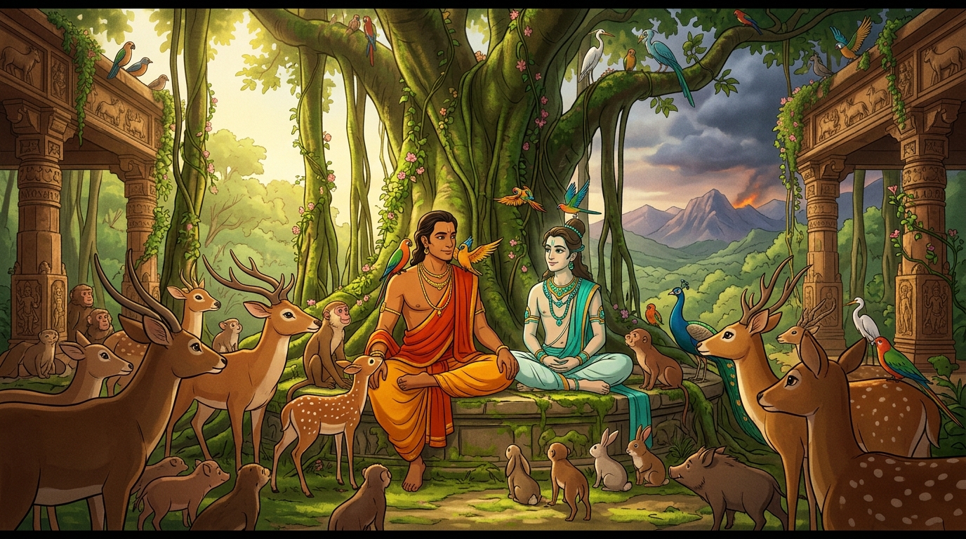 Herds of rescued deer, birds, and forest creatures surround the Emperor in joyful harmony
