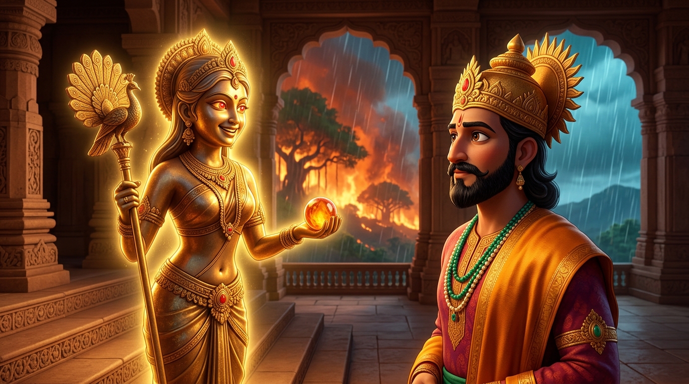 Back in Dharanagari palace, Manavati looks directly at King Bhoja with glowing ruby eyes