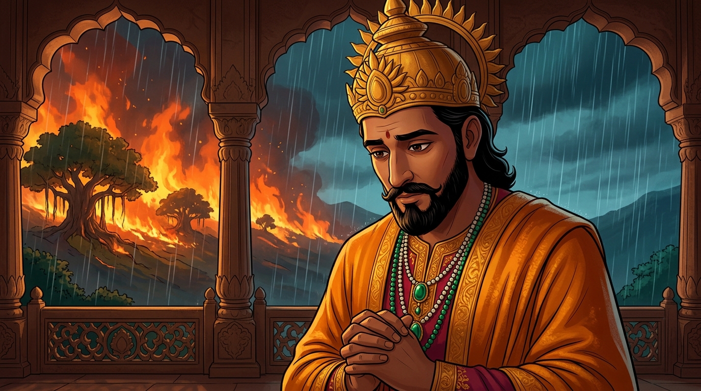 King Bhoja lowers his head in deep humility and introspection, acknowledging Vikramaditya's courage