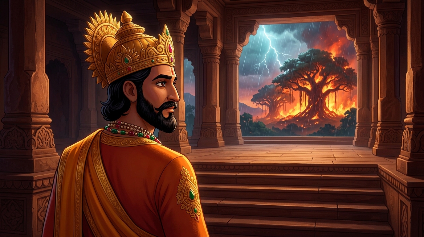King Bhoja steps down from the twenty-ninth step, ordering forest wildfire defense brigades