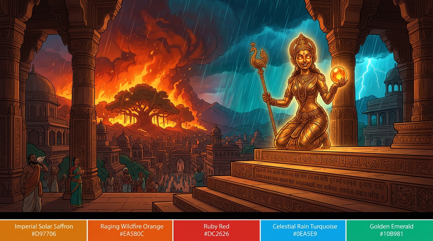 Twilight conches echo across Dharanagari as Manavati smiles and freezes back into silent bronze
