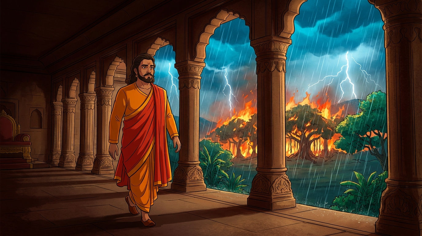 King Bhoja departs the throne hall in quiet contemplation, inspired by Vikramaditya's heroism