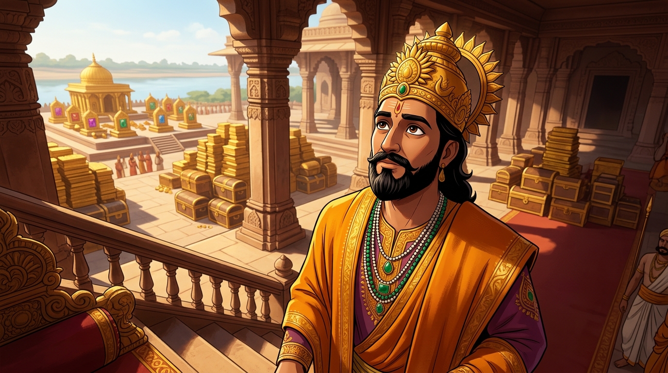 King Bhoja in sacred saffron silks approaches the thirtieth step of the throne