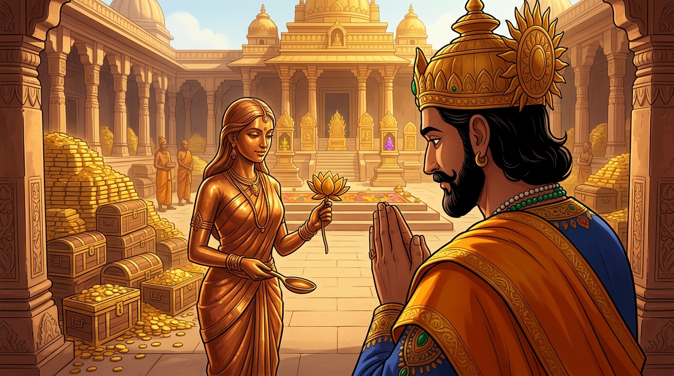 King Bhoja halts in deep reverence with folded hands, gazing at the living bronze maiden