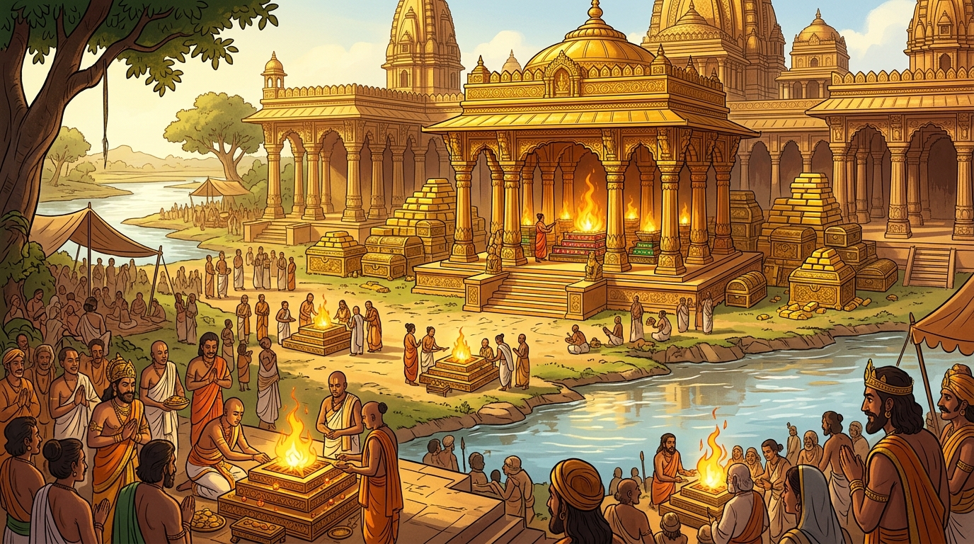 In the center stands a magnificent golden pavilion with twelve jewel-encrusted altars