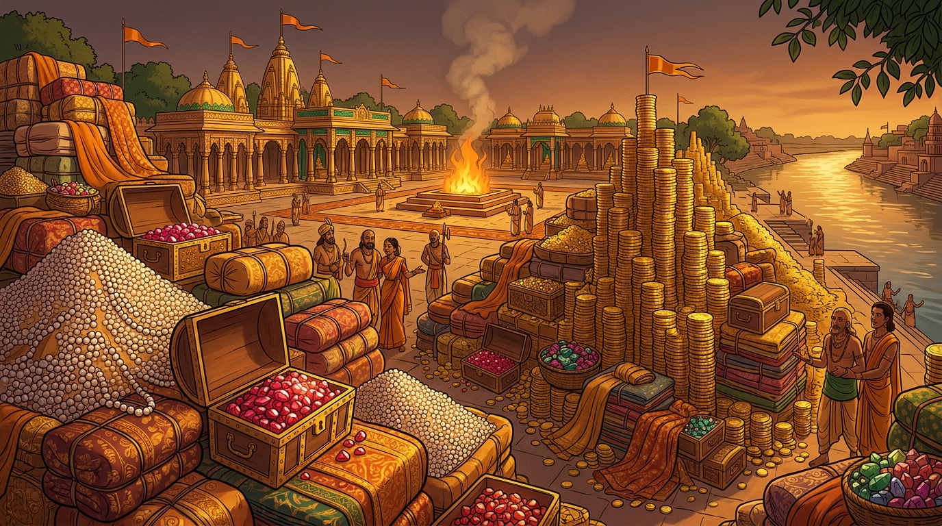 Mountains of pearls, silk bales, chests of rubies, and ten million gold coins surround the arena