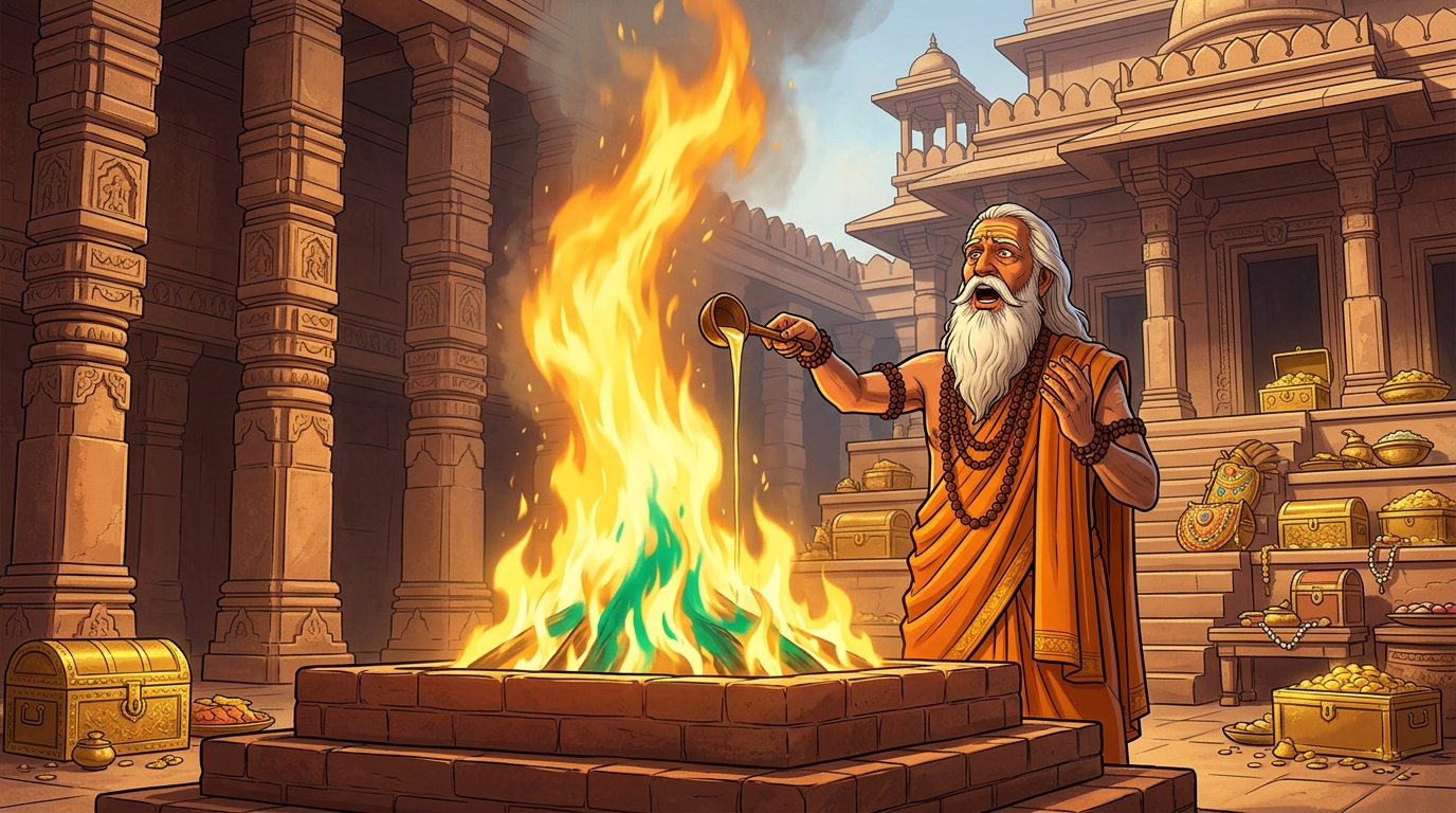Sage Vedagarbha stands before the sacred fire, chanting Vedic mantras