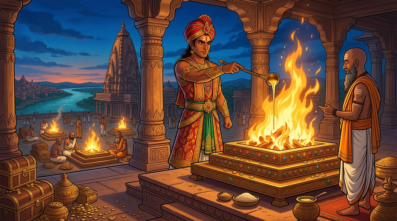 Vikramaditya in royal ceremonial brocade and crown presides over the final oblation