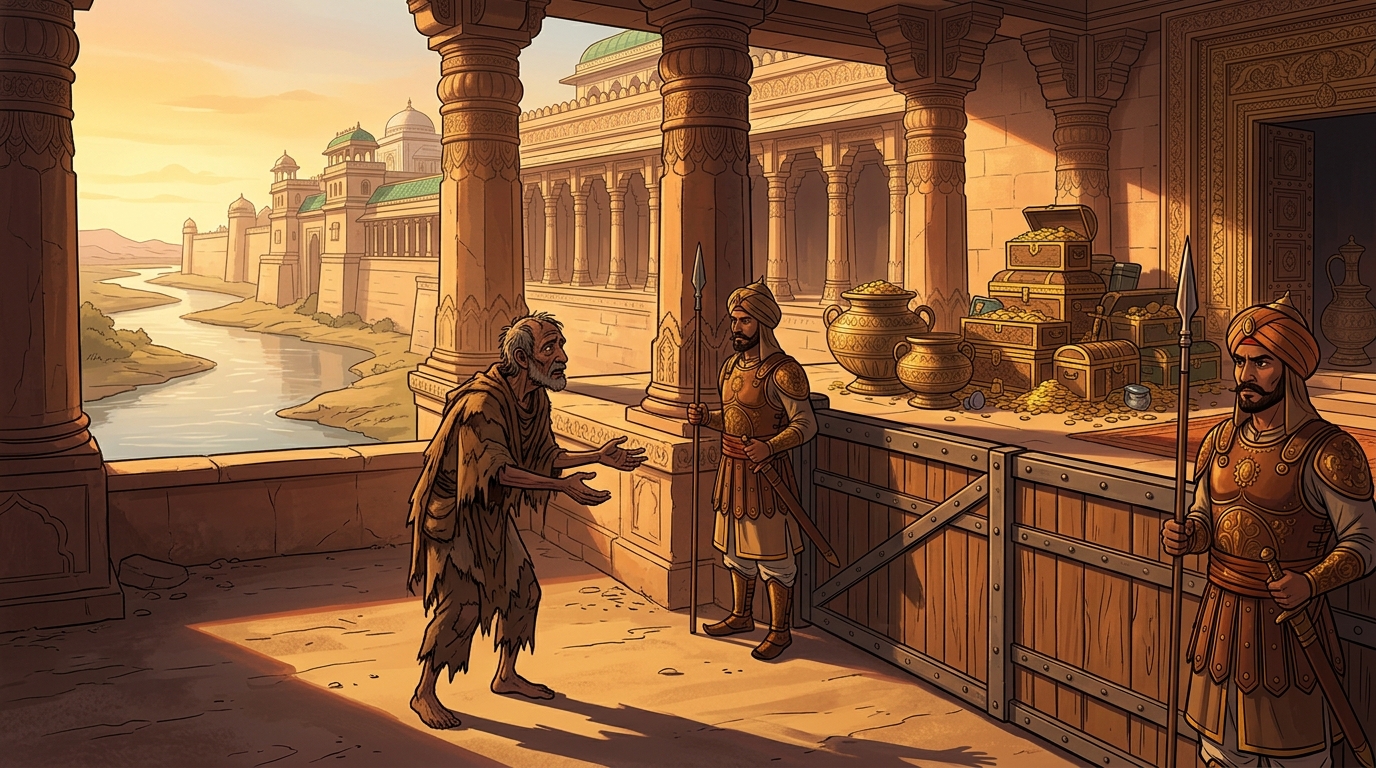 At the outer barrier, a ragged wandering beggar in tree bark rags approaches the guards