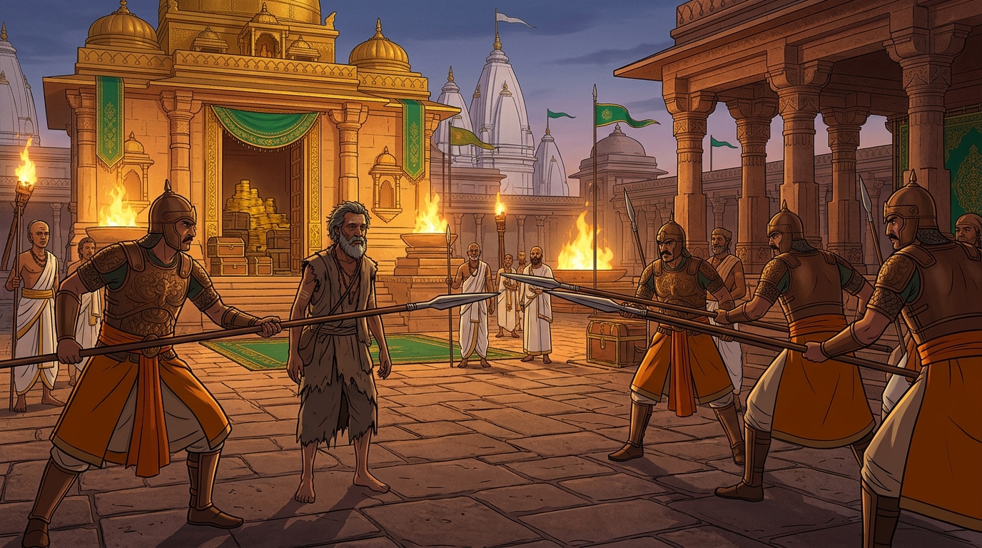 Imperial guards lower their spears to push Dinabandhu away from the golden enclosure