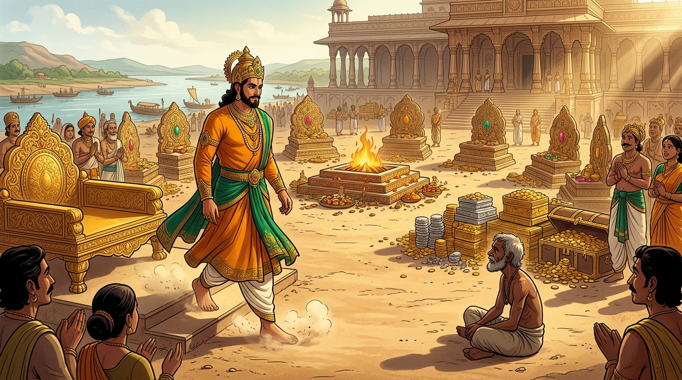 Vikramaditya steps down from the golden dais, walking barefoot across the dusty ground