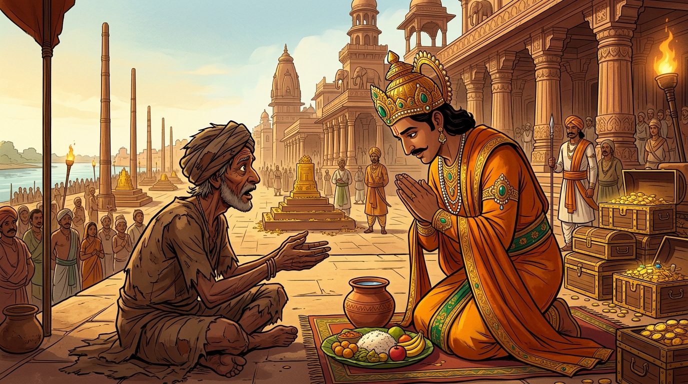 The Emperor of Aryavarta bows with folded hands before the ragged beggar