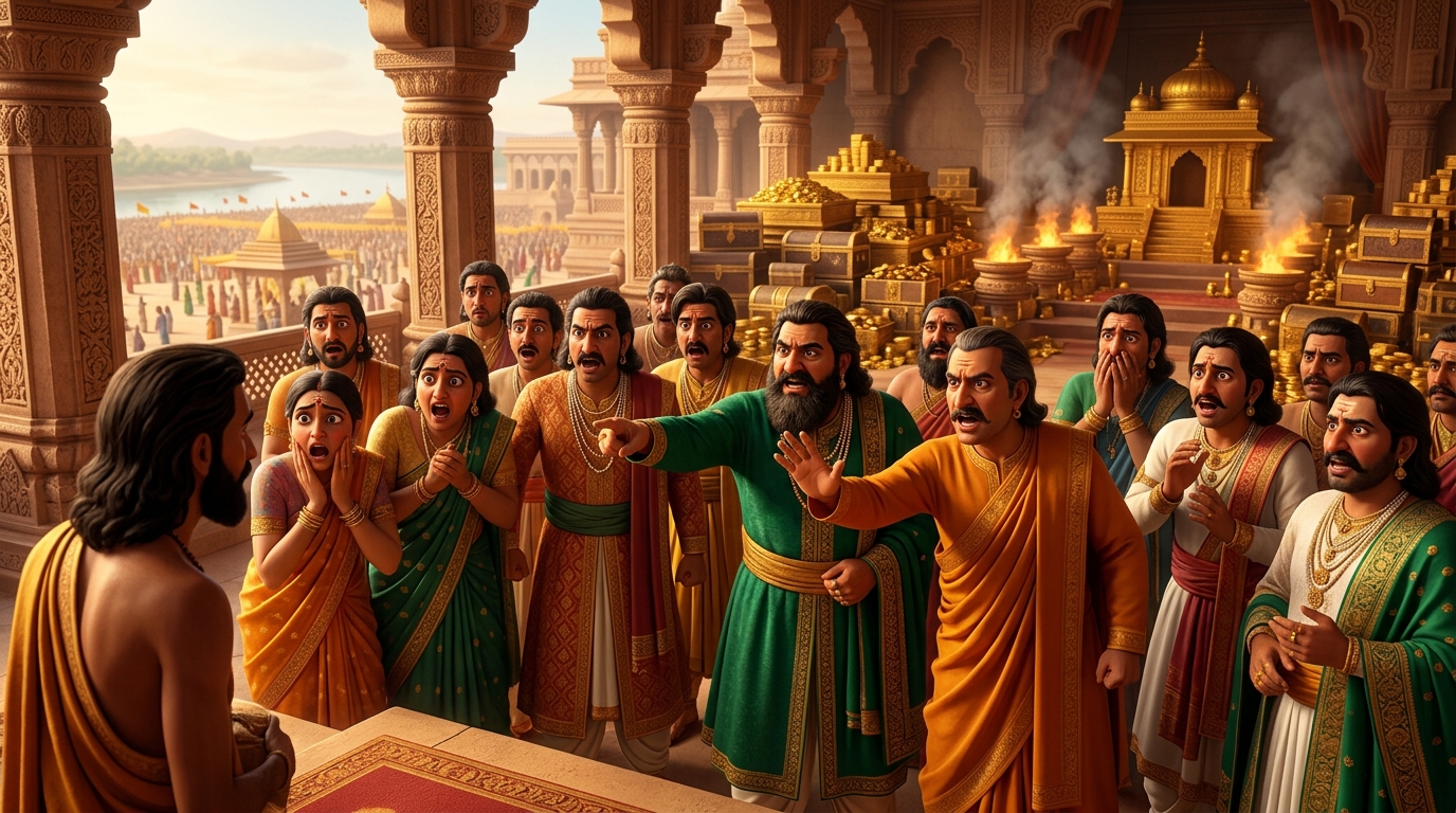Surrounding kings and ministers gasp in fury, urging Vikramaditya to reject the demand