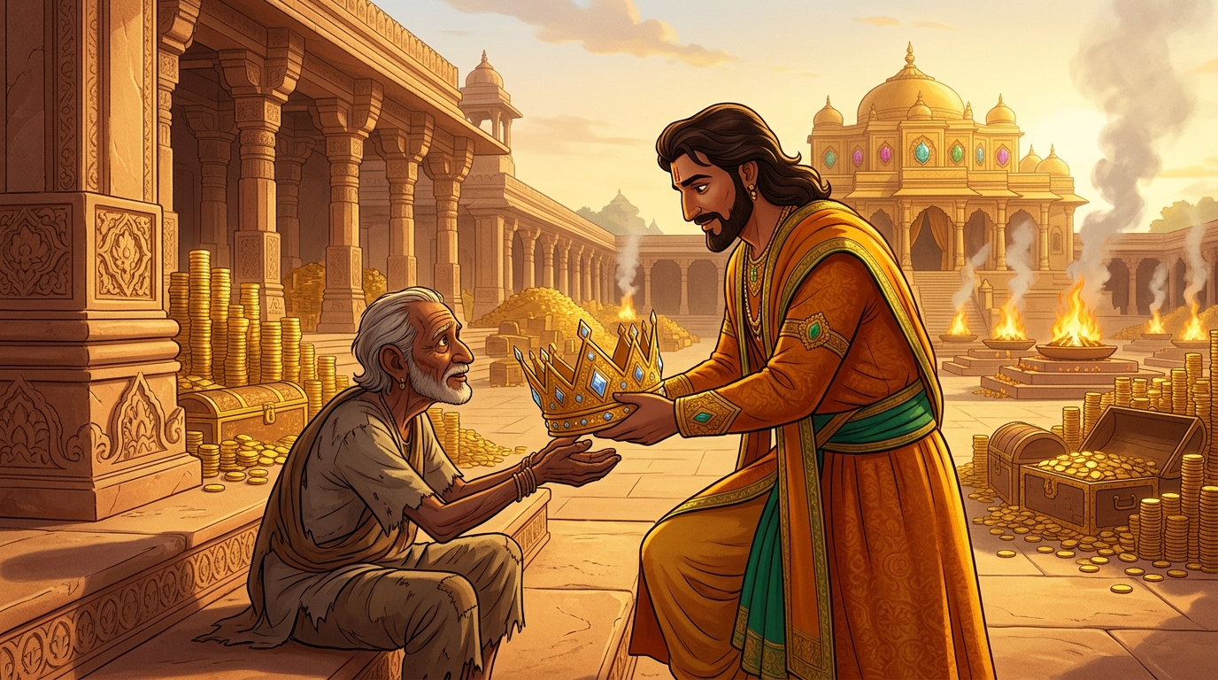 Vikramaditya gently removes his diamond-inlaid gold crown, placing it in the beggar's hands