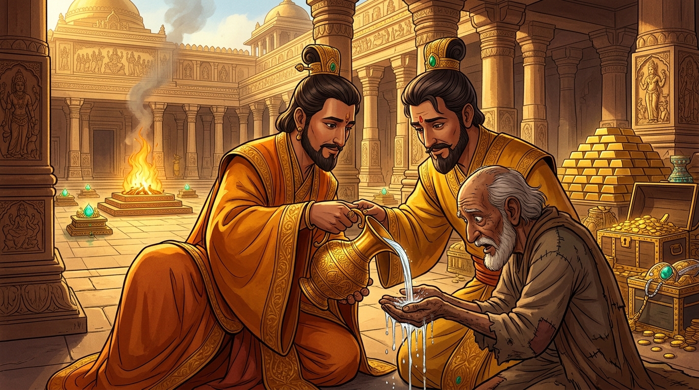 Taking a golden pitcher, the Emperor pours holy water over the beggar's hands, sealing the gift