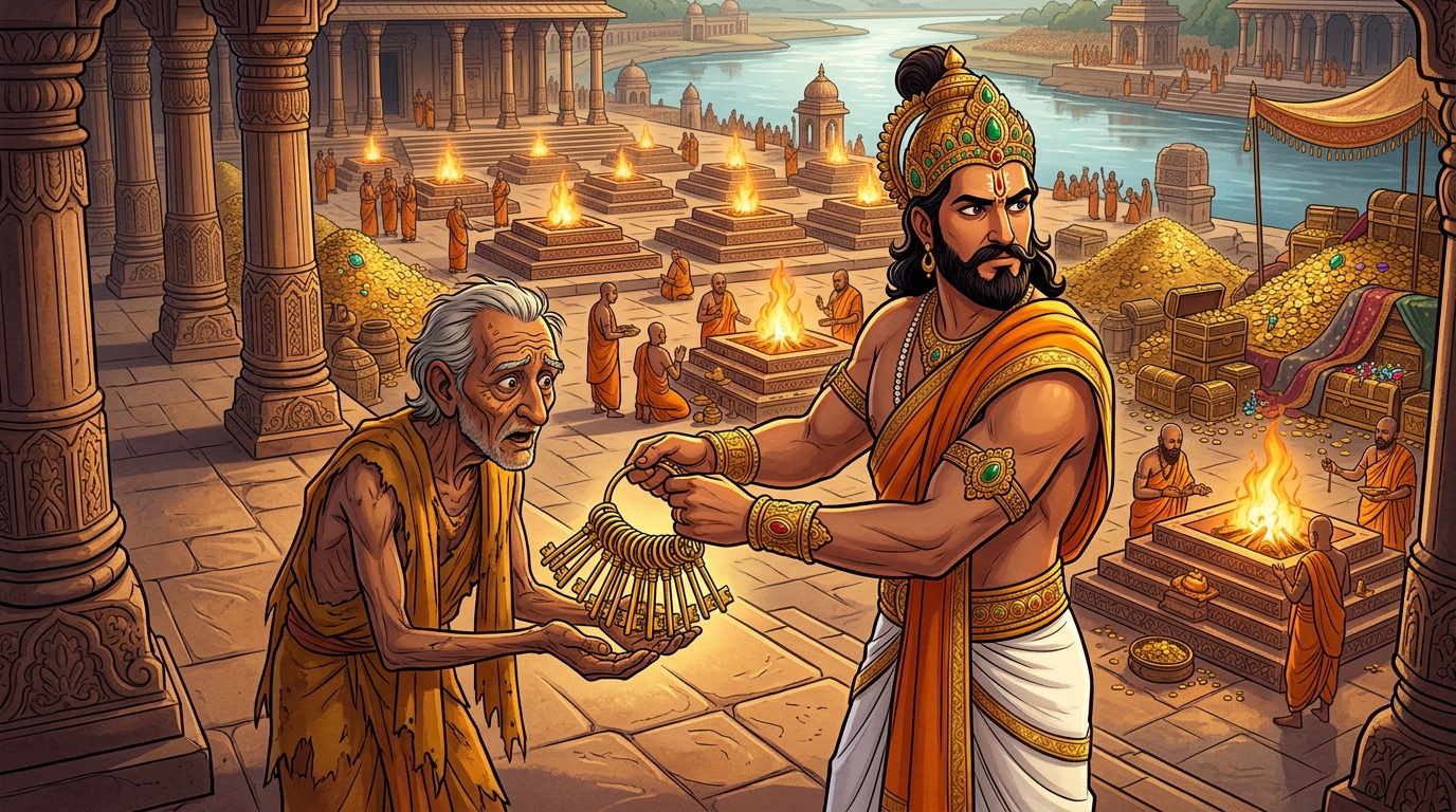 Vikramaditya places the golden keys of all forty treasure vaults into the beggar's palms