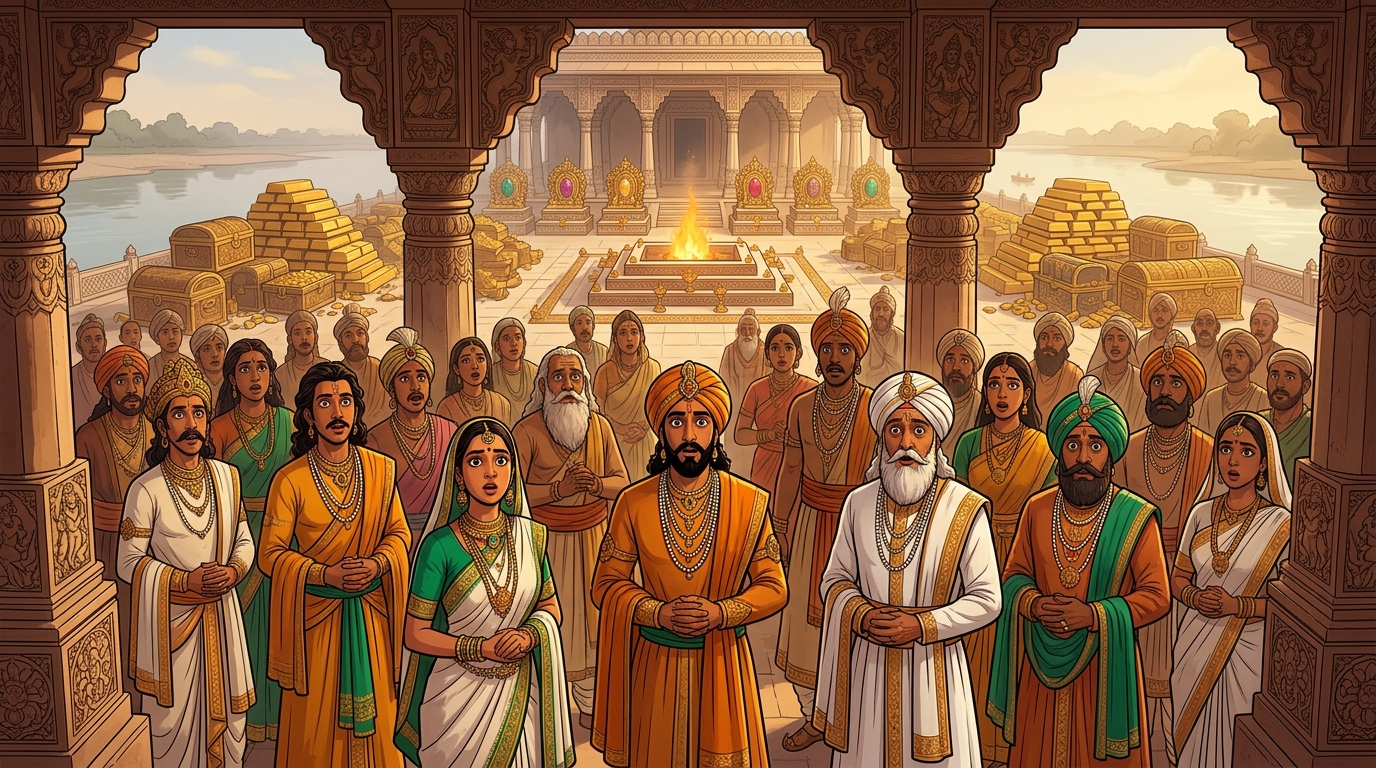 All assembled kings, sages, and warriors stand utterly speechless at such renunciation