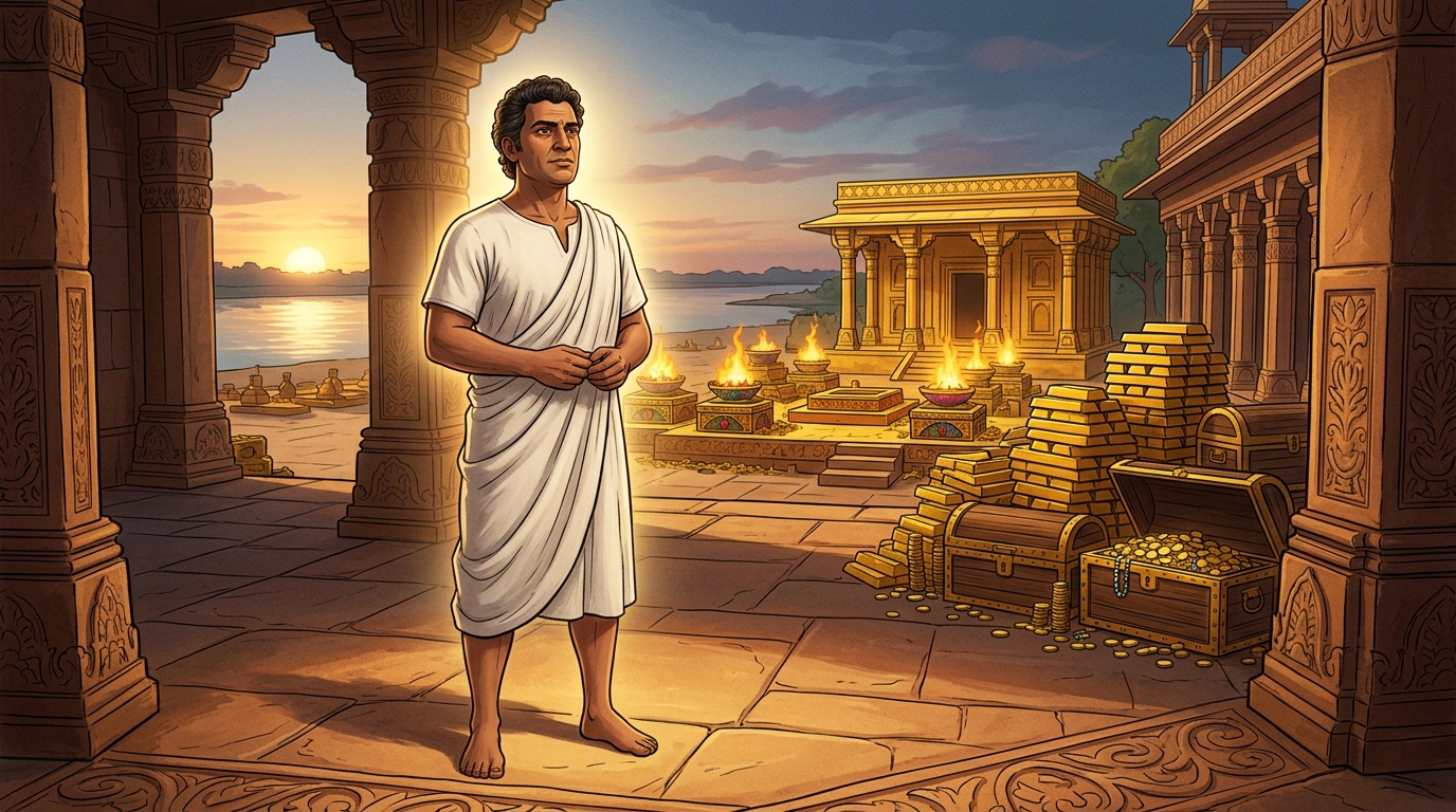 Stripped of all jewels, Vikramaditya stands in a simple white linen tunic, glowing with divine light