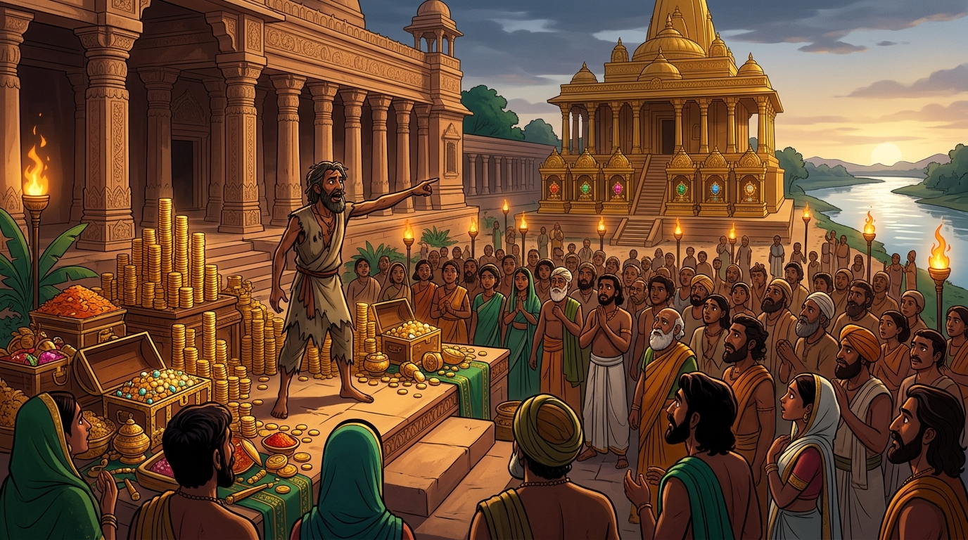 The beggar proclaims: 'Let this palace become a free hospital and university!'