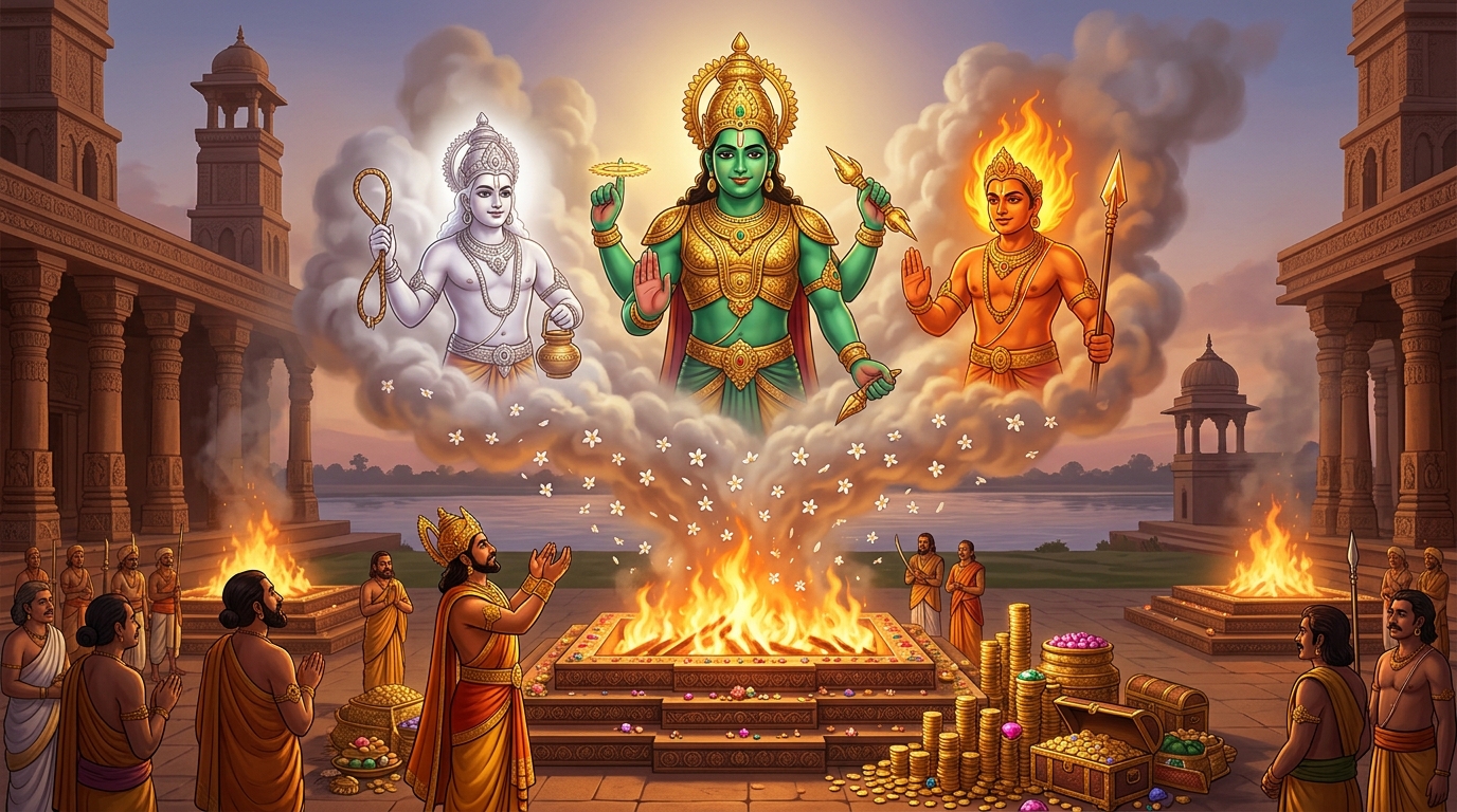 Lord Indra, Varuna, and Agni appear in the sacred Yajna smoke, showering Parijata flowers