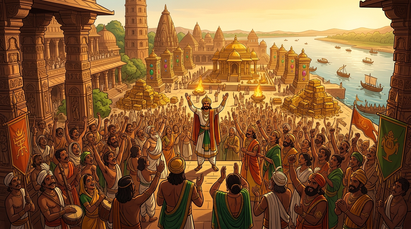 The hundred thousand citizens and vassal kings erupt in ecstatic cheers