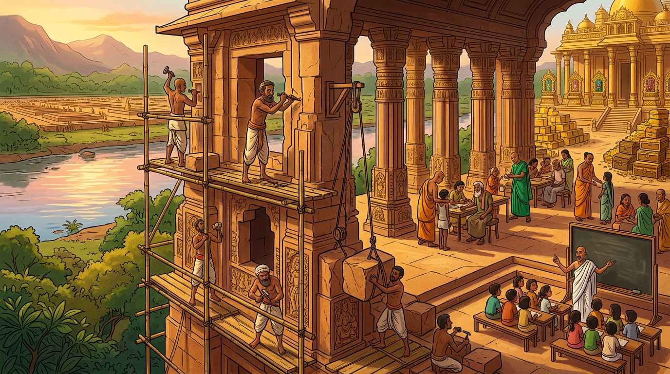 Stone masons transform the golden pavilion into a free public hospital and academy
