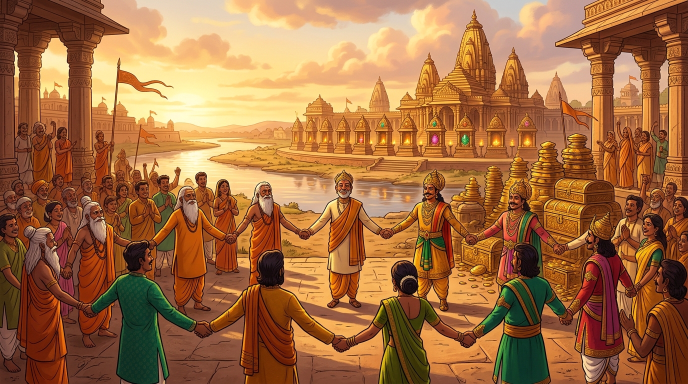 Sages, citizens, and kings join hands in celebration, honoring the conquest of ego
