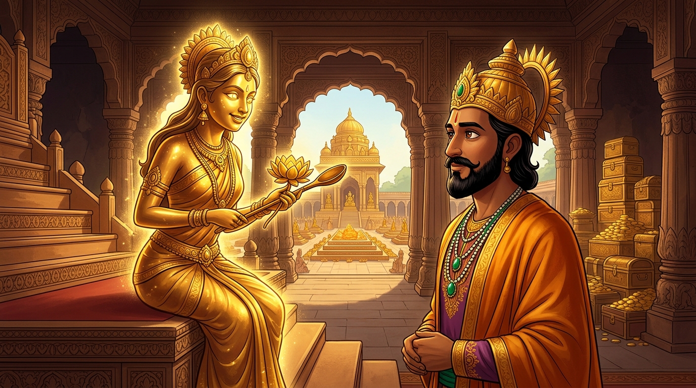 Back in Dharanagari palace, Jayalakshmi looks directly at King Bhoja with diamond-gold eyes