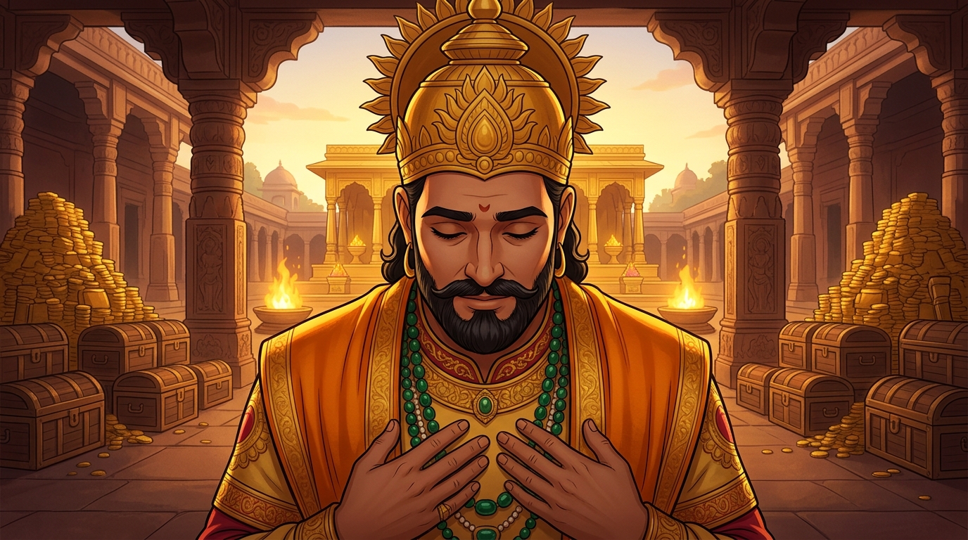 King Bhoja lowers his head in deep humility and introspection, acknowledging Vikramaditya's renunciation