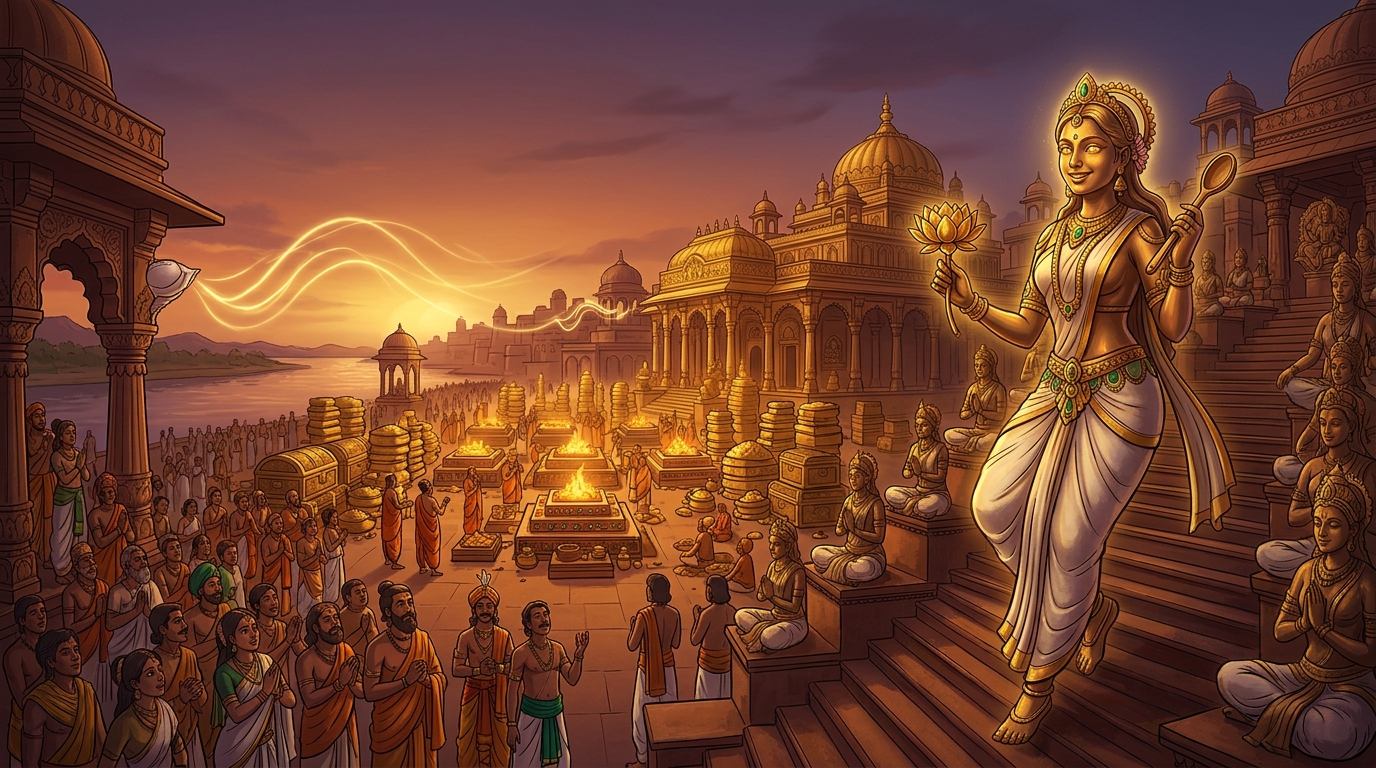 Twilight conches echo across Dharanagari as Jayalakshmi smiles and freezes back into silent bronze