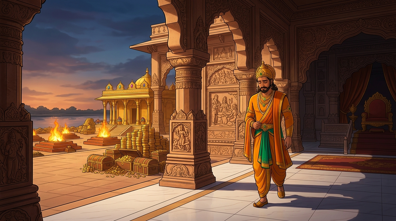 King Bhoja departs the throne hall in quiet contemplation, inspired by Vikramaditya's renunciation
