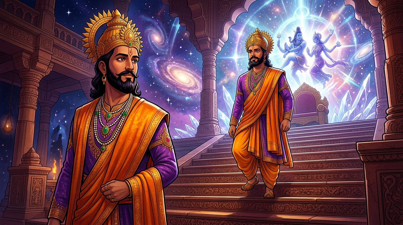 King Bhoja in sacred saffron silks approaches the thirty-first step of the throne