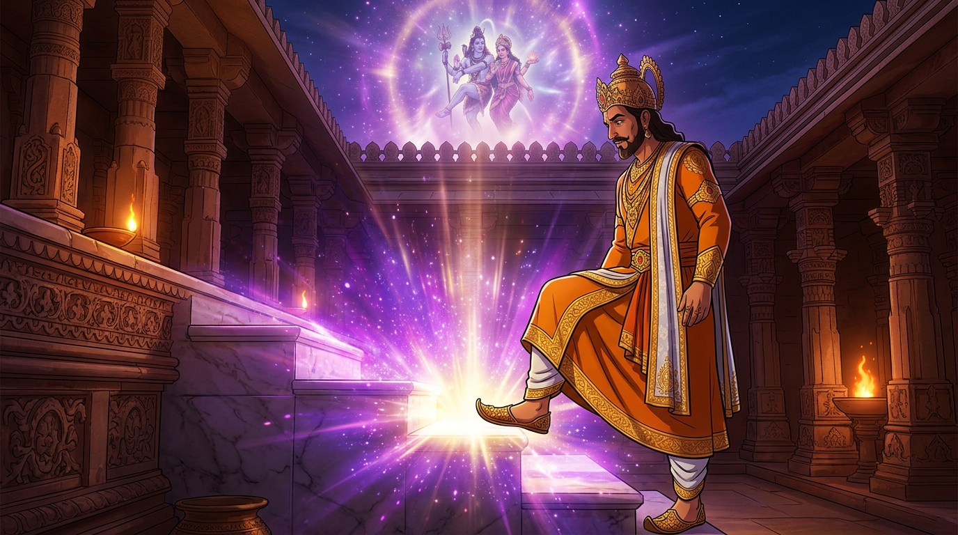 The marble dais erupts with brilliant cosmic-amethyst and celestial-golden radiance
