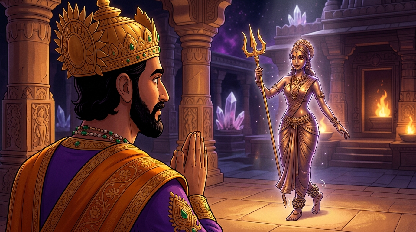 King Bhoja halts in deep reverence with folded hands, gazing at the living bronze maiden