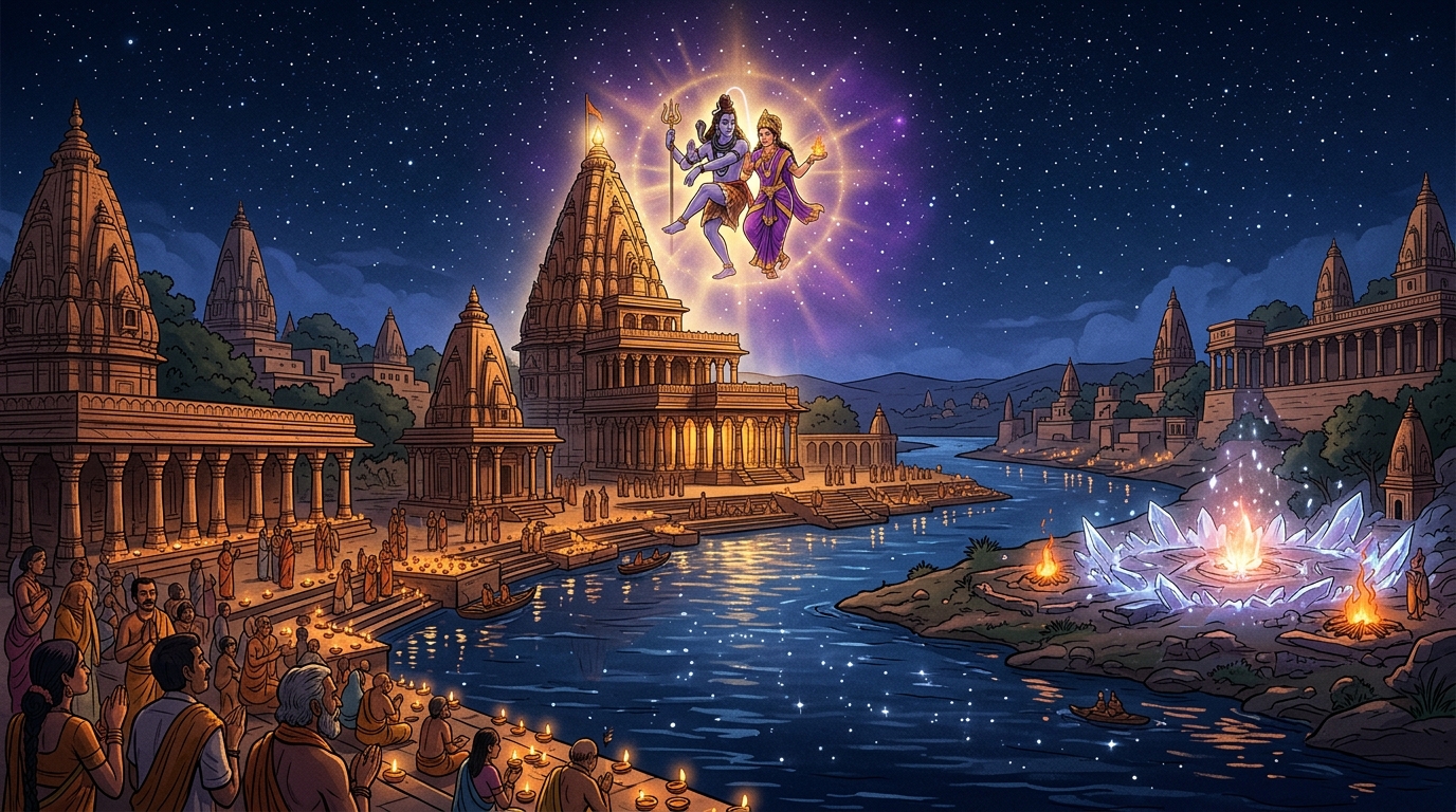 On the sacred night of Maha Shivaratri in ancient Ujjayini, stars glitter over Shipra temples