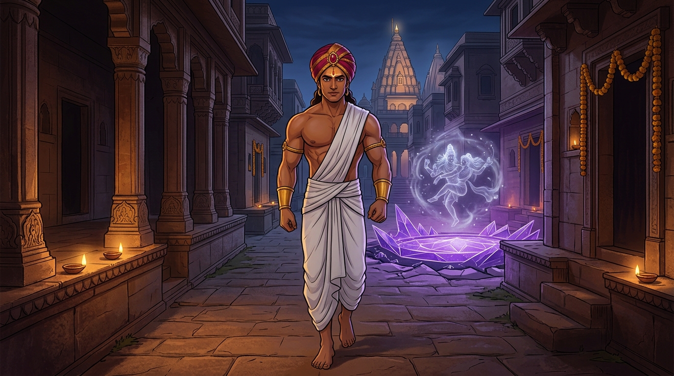 Dressed in simple ascetic white cotton, Vikramaditya walks barefoot through silent streets