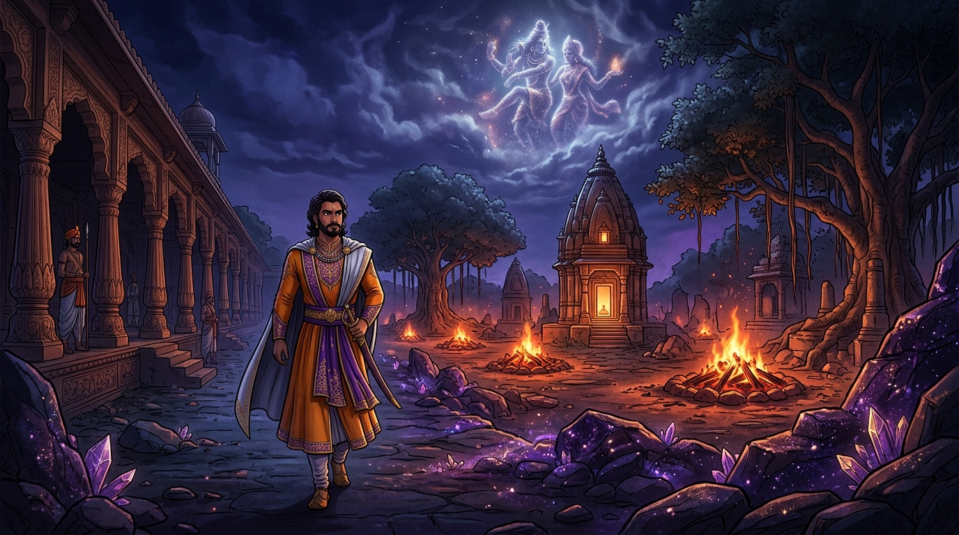 Leaving all guards behind, Vikramaditya enters the ancient Maha-Smashana