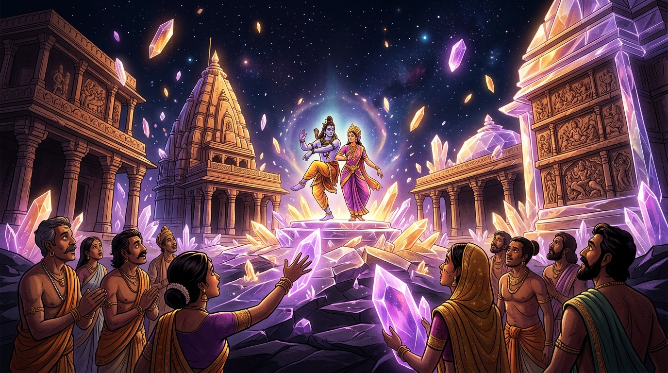 The dark cremation ground miraculously transforms into a luminous crystal arena