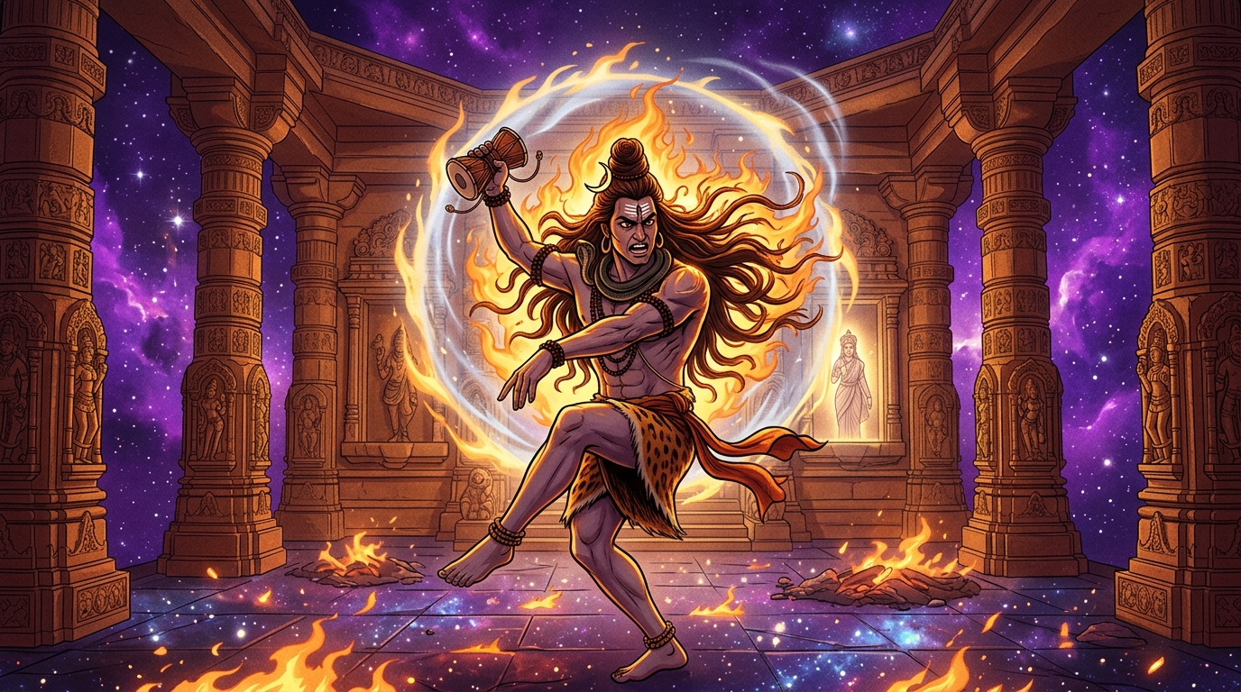 Lord Shiva begins the furious cosmic Tandava dance, Damaru beating thunder