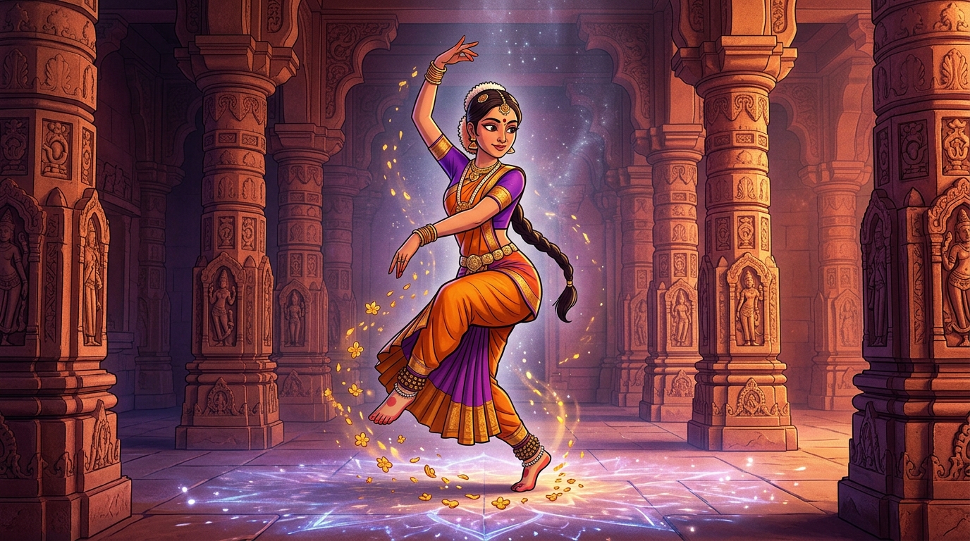 Goddess Parvati dances the graceful Lasya in counter-rhythm, her lotus-feet showering blossoms