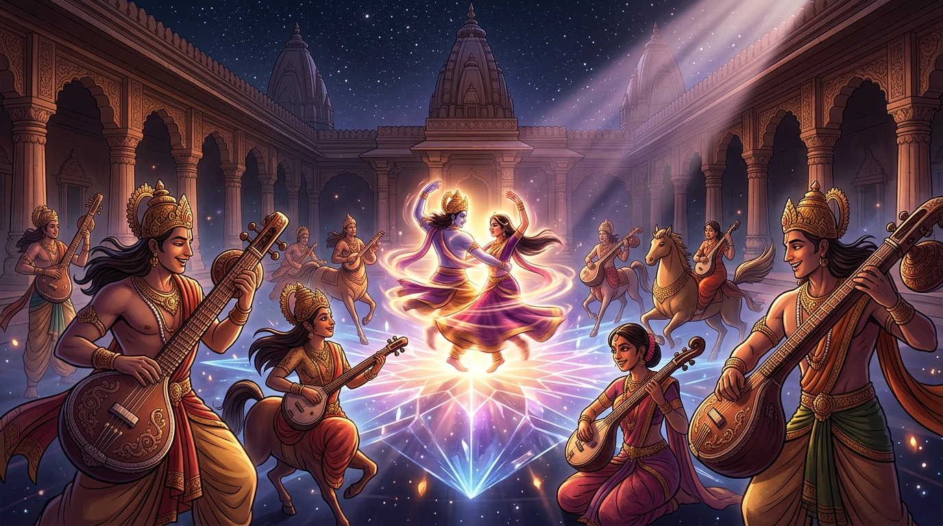 Heavenly Gandharvas play ethereal veenas in the starry sky as dance reaches infinite speed