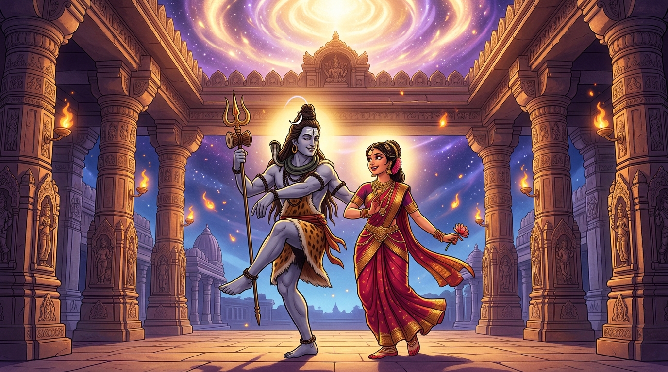 Both Shiva and Parvati pause simultaneously at the peak of rhythm, their eyes meeting