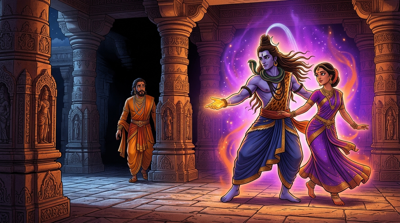 Lord Shiva turns toward the shadows, spotting the mortal Emperor: 'Judge our dance without fear!'