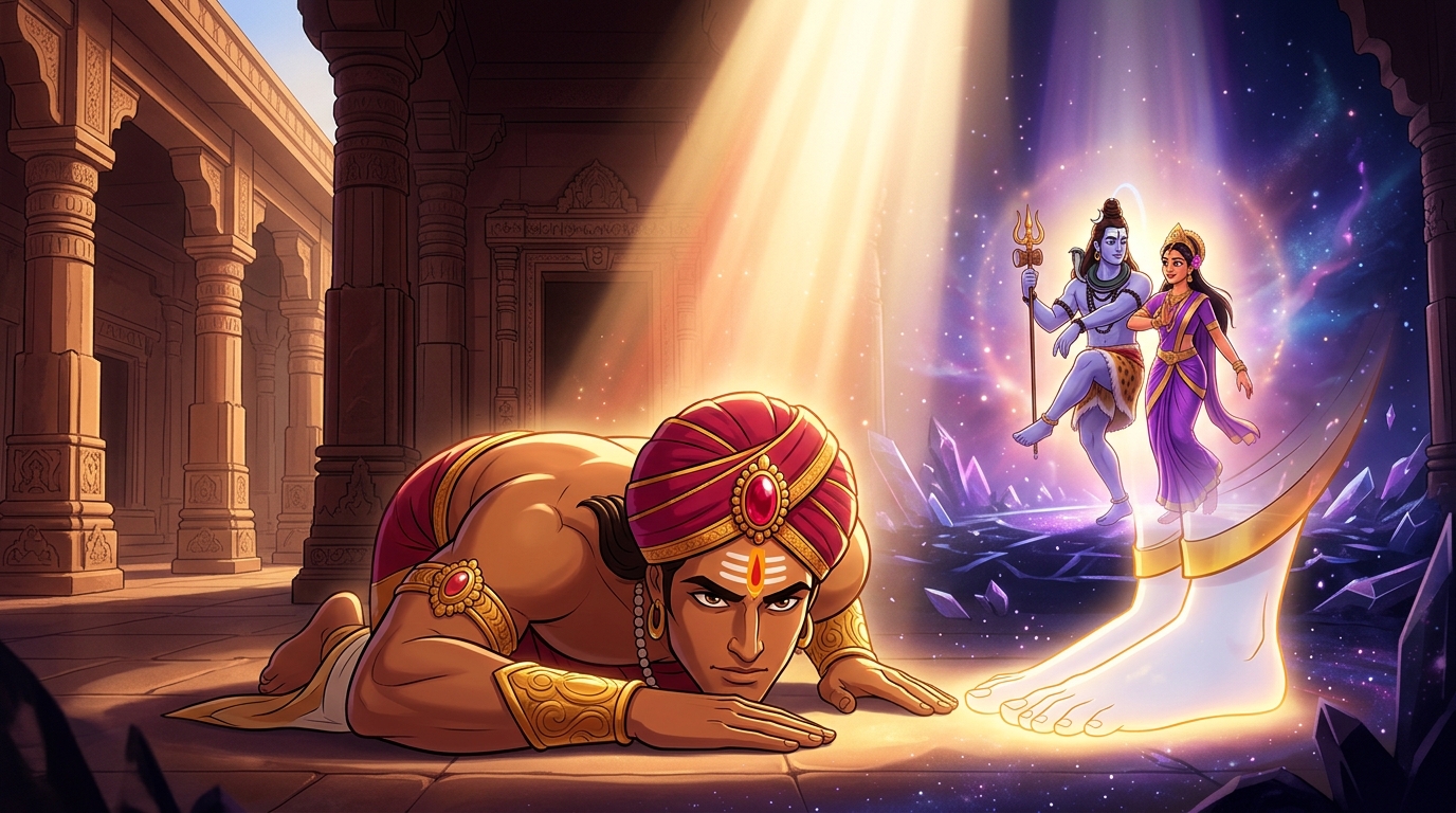 Vikramaditya walks forward, prostrating with full devotion before the feet of the Divine Couple